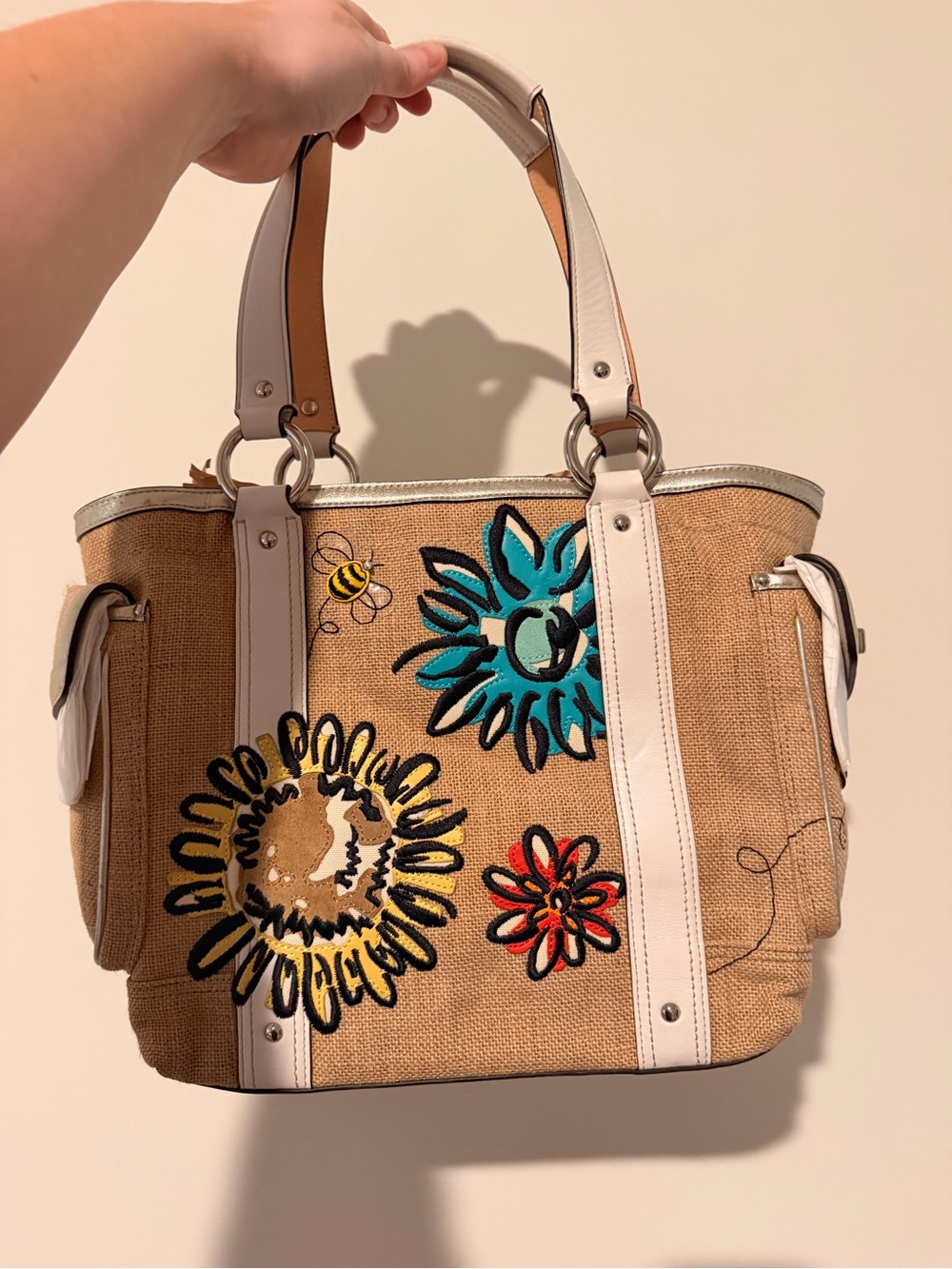 Coach 9447 Straw Tote Floral Bee Embroidered Leather Trim Bag